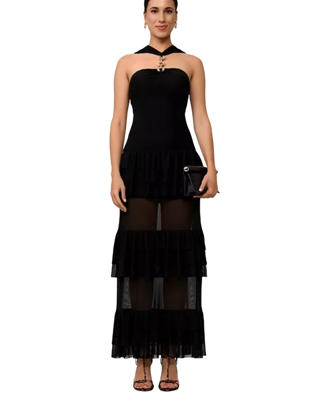 RACHEL Rachel Roy Black Strapless Tiered Mesh Maxi Dress